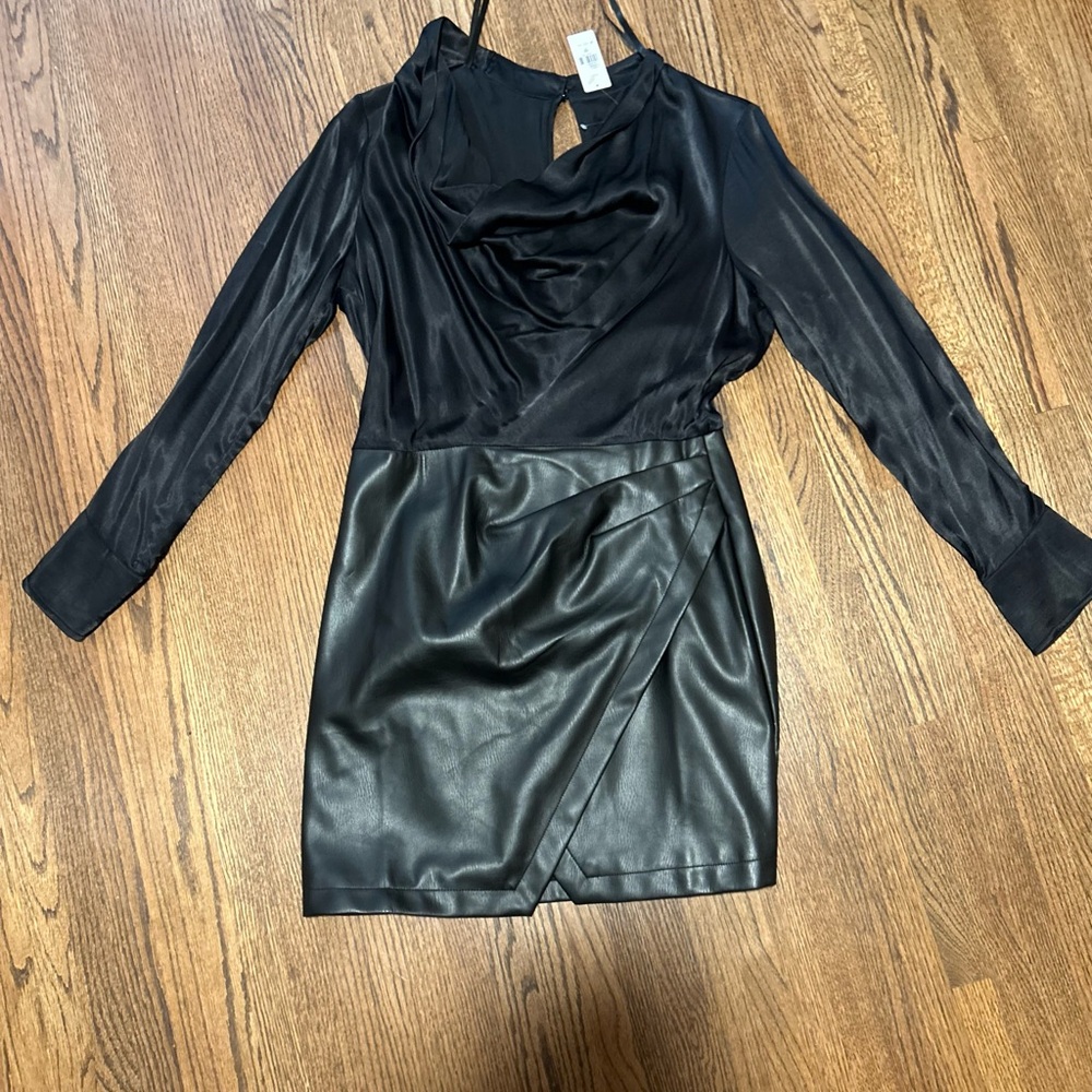 NWT Anthropologie Faux Leather Skirt Cowl Neck Dress Black Size 10